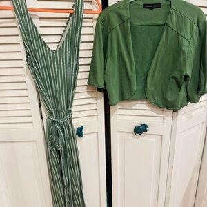 Colleen Lopez Green Striped Jumpsuit with Cardigan, sz Medium
